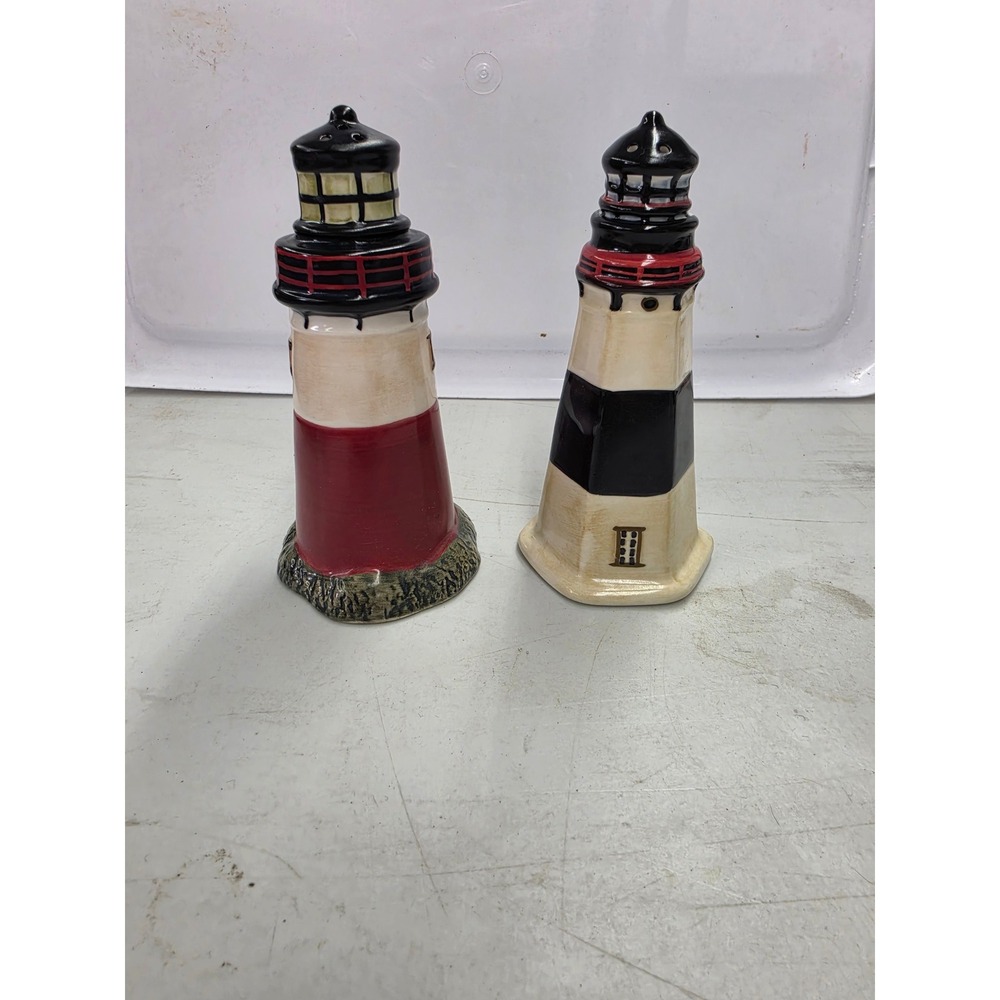 Sakura Hand Painted Ceramic Lighthouse Salt and Pepper Shakers Nautical Set